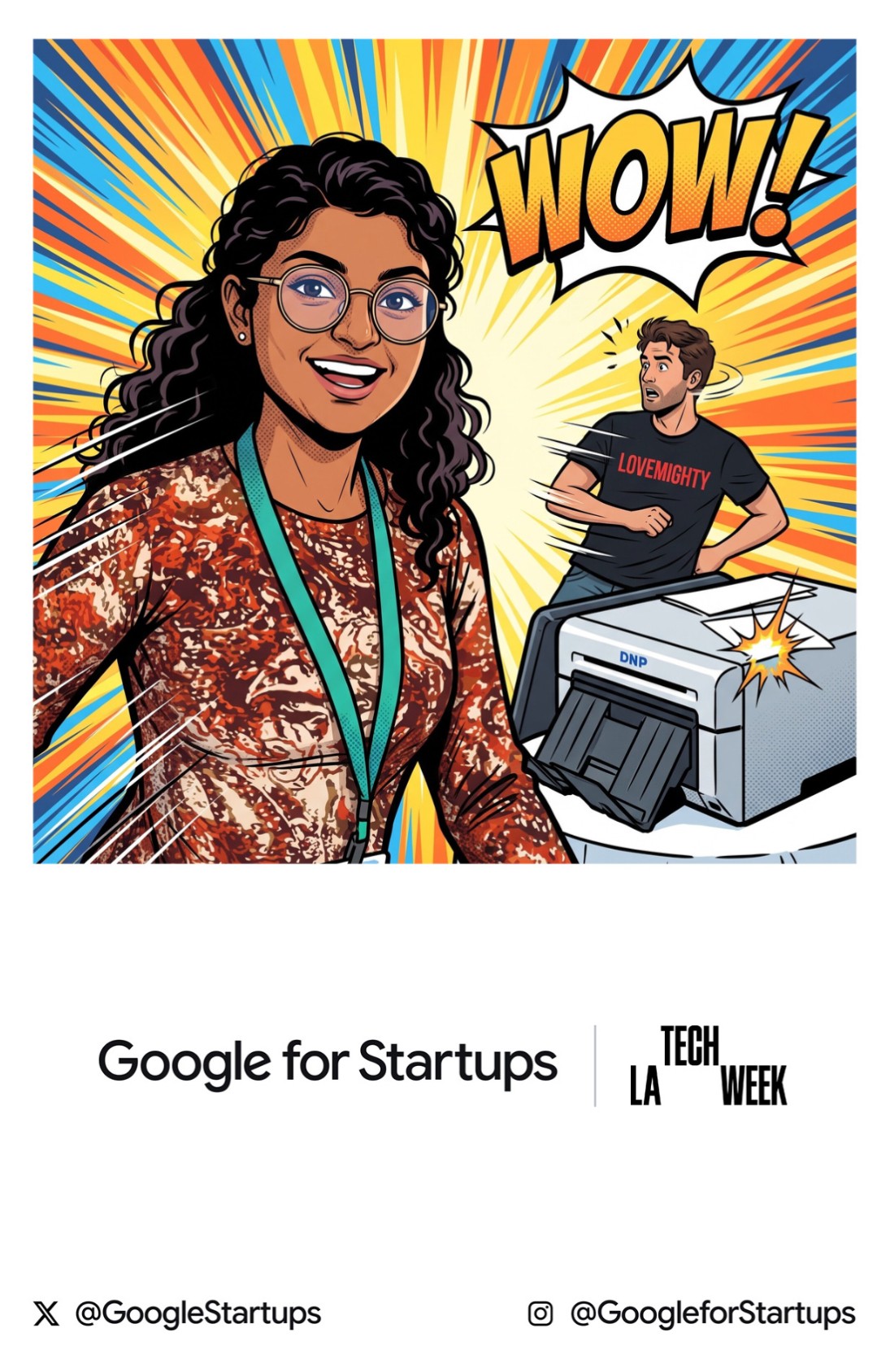 Comic-style illustration of Dimple at the Google for Startups LA Tech Week photo booth