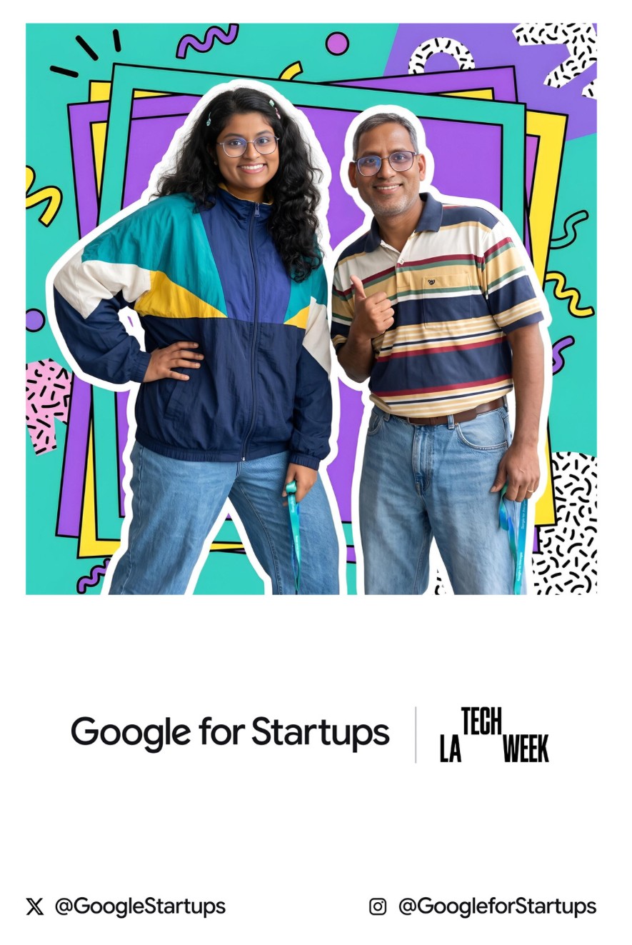 Dimple and her dad posing at the Google for Startups LA Tech Week photo booth